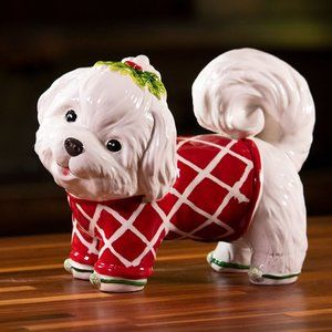 Blue Sky Ceramics Maltese Figure Christmas Puppy Figurine Red Sweater Dog NEW